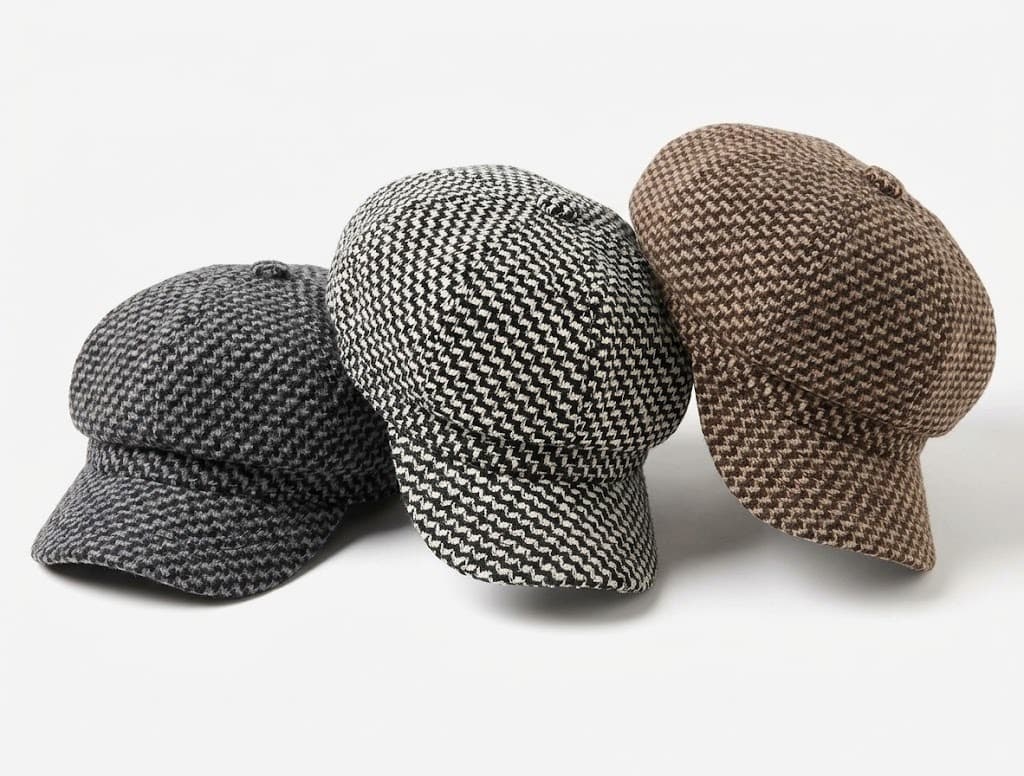 Three houndstooth tweed newsboy caps in gray, black-white and brown on white background