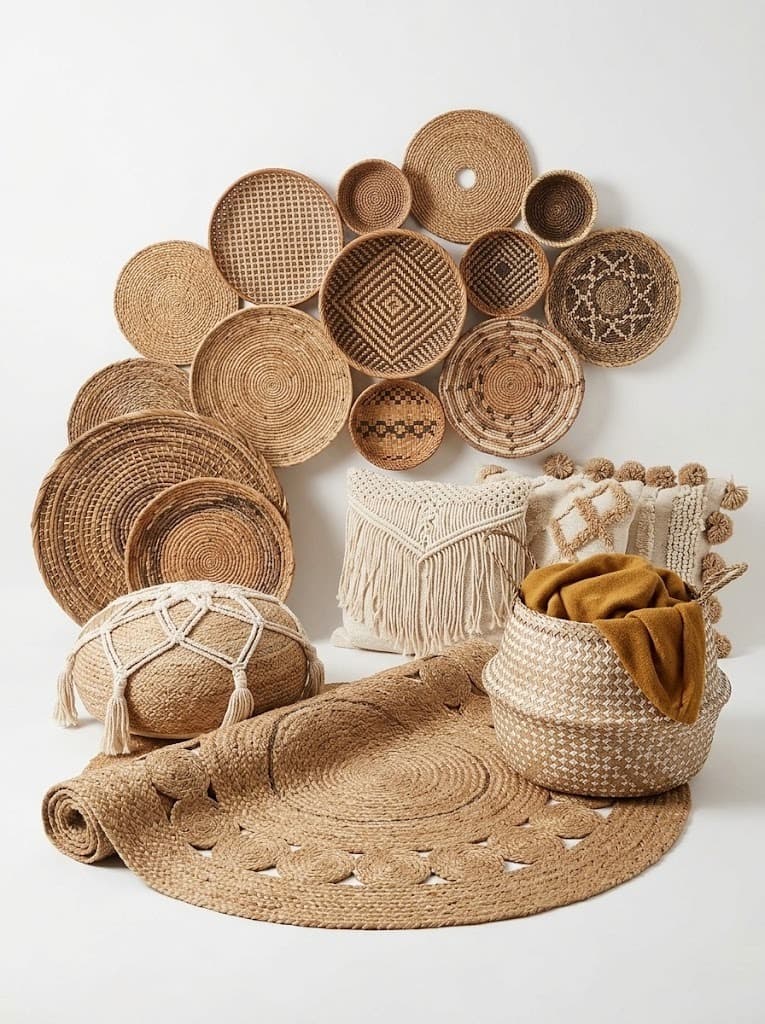 Jute and rattan wall baskets display with macrame cushions, round rug and storage baskets