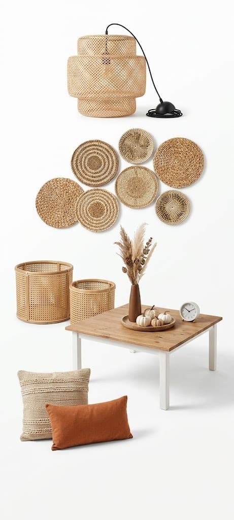 Boho rattan decor with pendant lamp, woven wall plates, baskets and cushions on white background