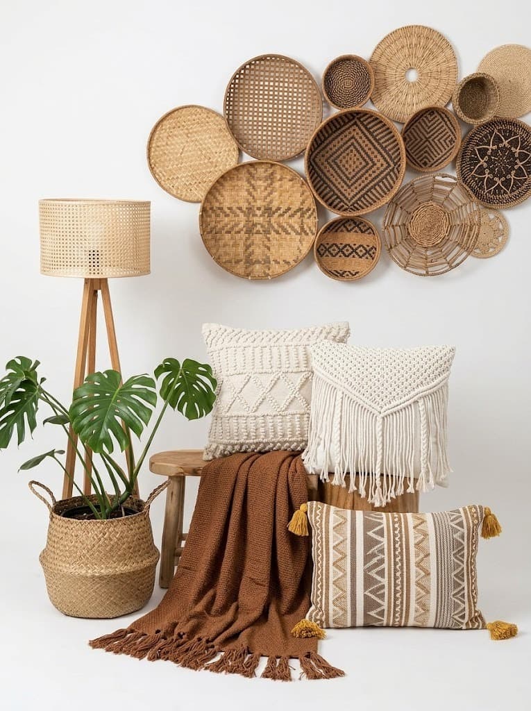 Woven wall baskets arrangement with cane floor lamp, macrame cushions and throw blanket