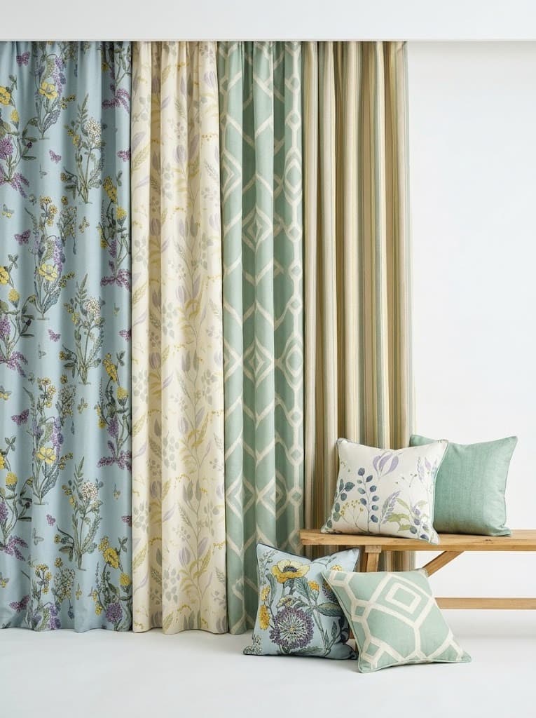 Pastel floral and geometric curtains in blue, cream and sage green with matching cushions