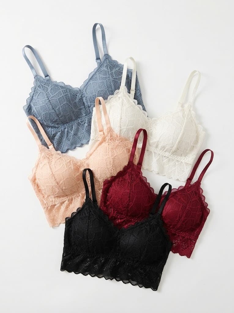 Lace bralettes in blue, cream, peach, burgundy and black