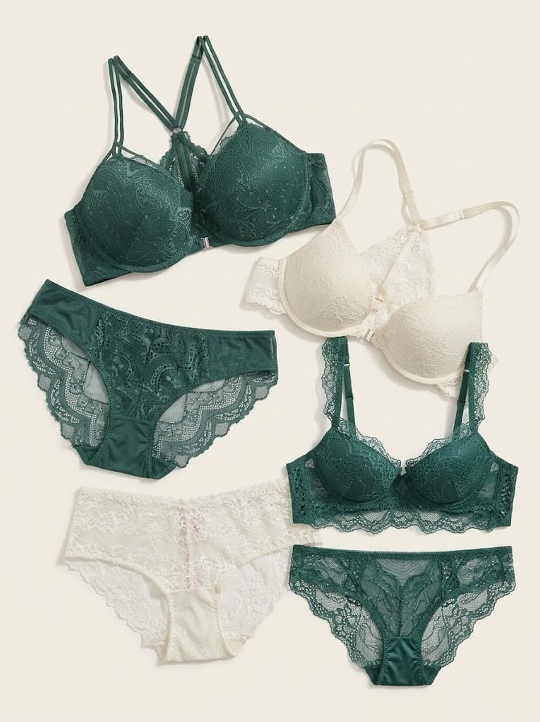 Green and cream lace bra and panty sets