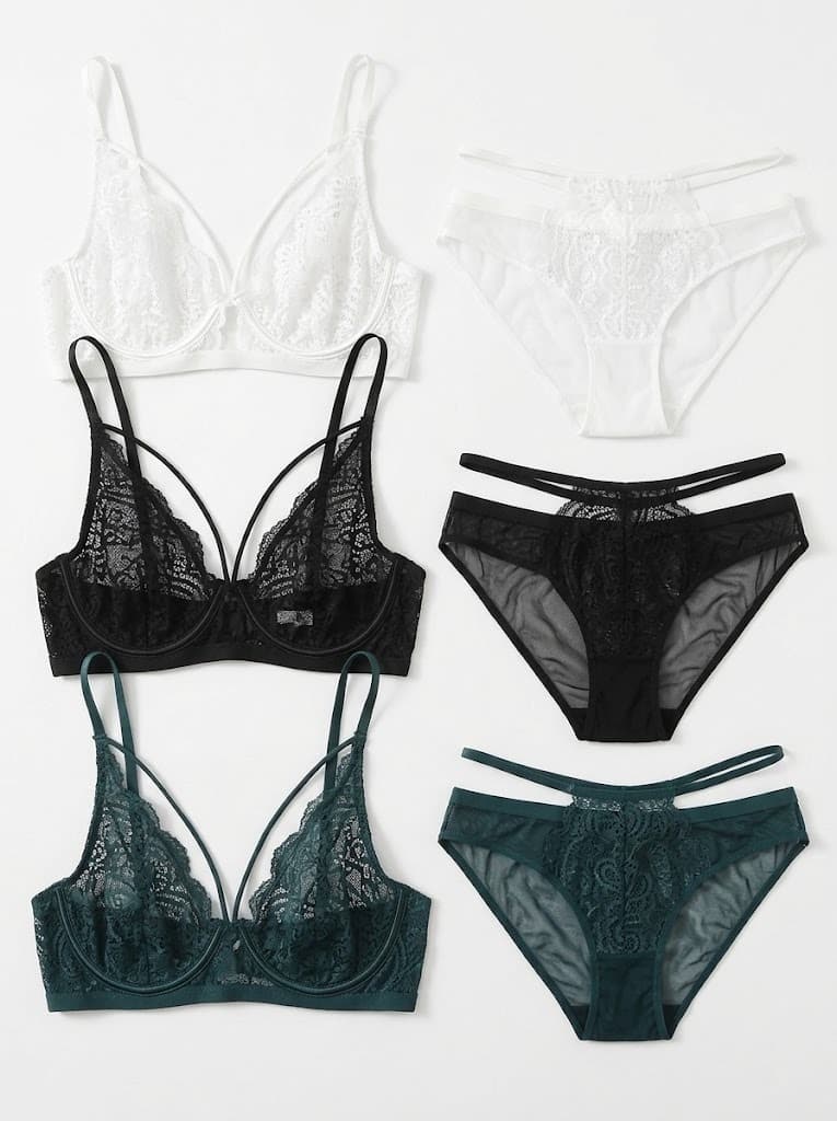 Lace bra and panty sets in white, black and dark green