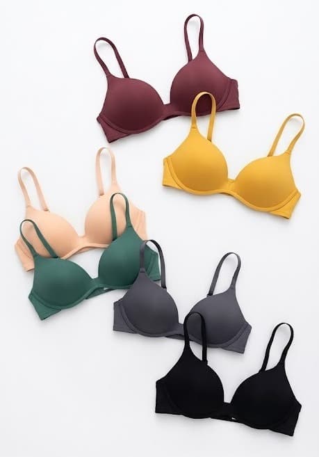 Smooth molded-cup bras in burgundy, mustard, beige, green, grey and black
