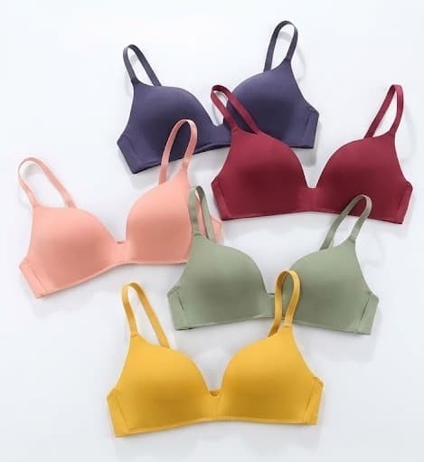 Soft-cup bras in purple, wine, pink, sage and mustard yellow