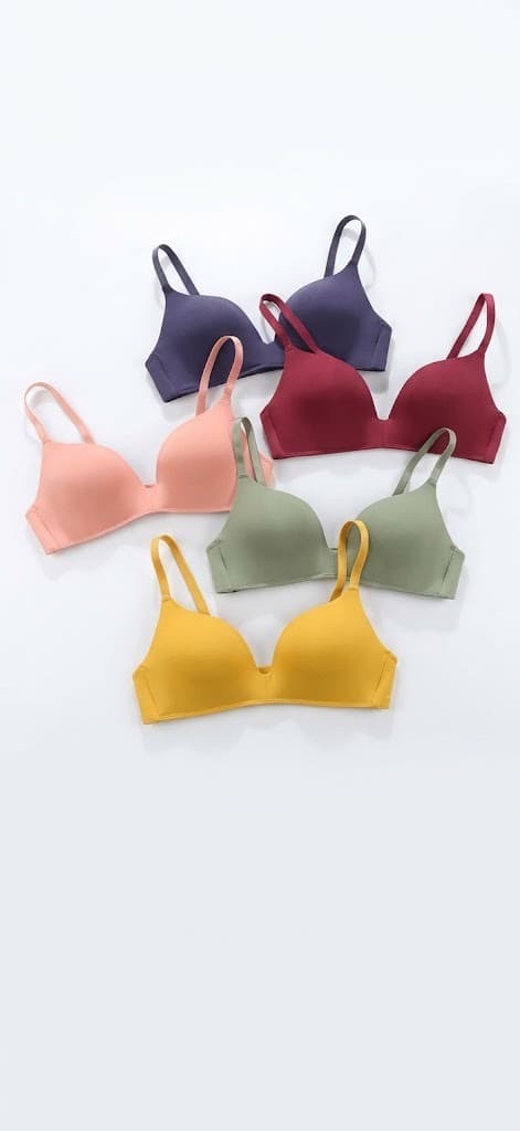 Soft-cup bras in purple, wine, pink, sage and mustard yellow