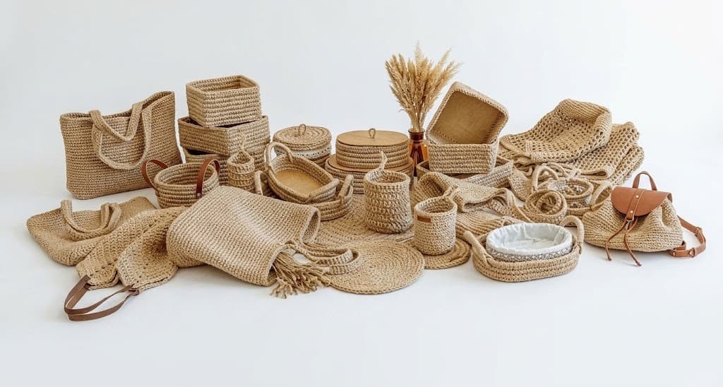 Jute bags, baskets, mats, pot covers and décor pieces arranged together