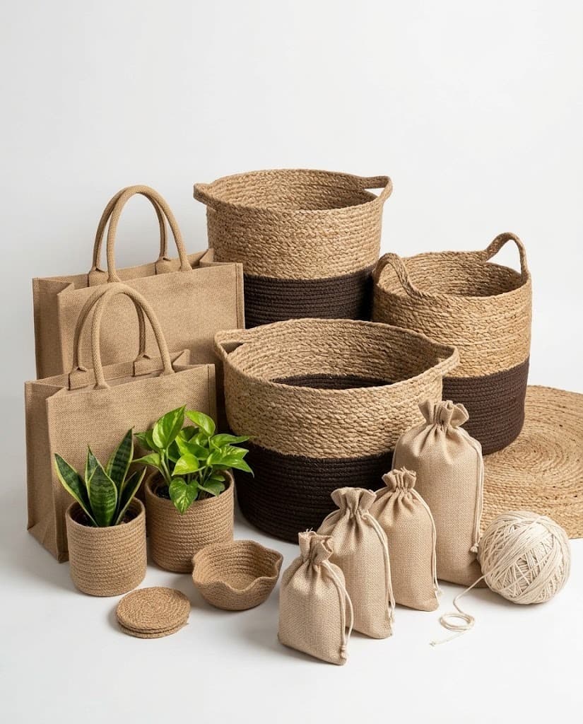 Jute storage baskets, tote bags, planters and drawstring pouches on white