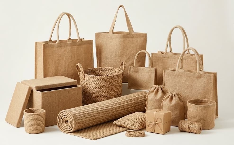 Jute tote bags, baskets, storage boxes, floor mat and twine set
