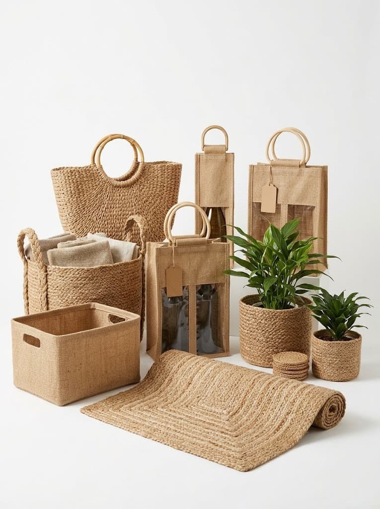 Jute bottle bags, baskets, planters and woven mat with ring-handle totes