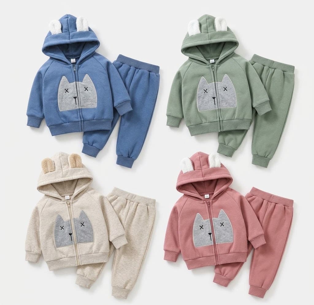Four kids' bunny-ear hoodie and jogger sets in blue, sage, beige and pink