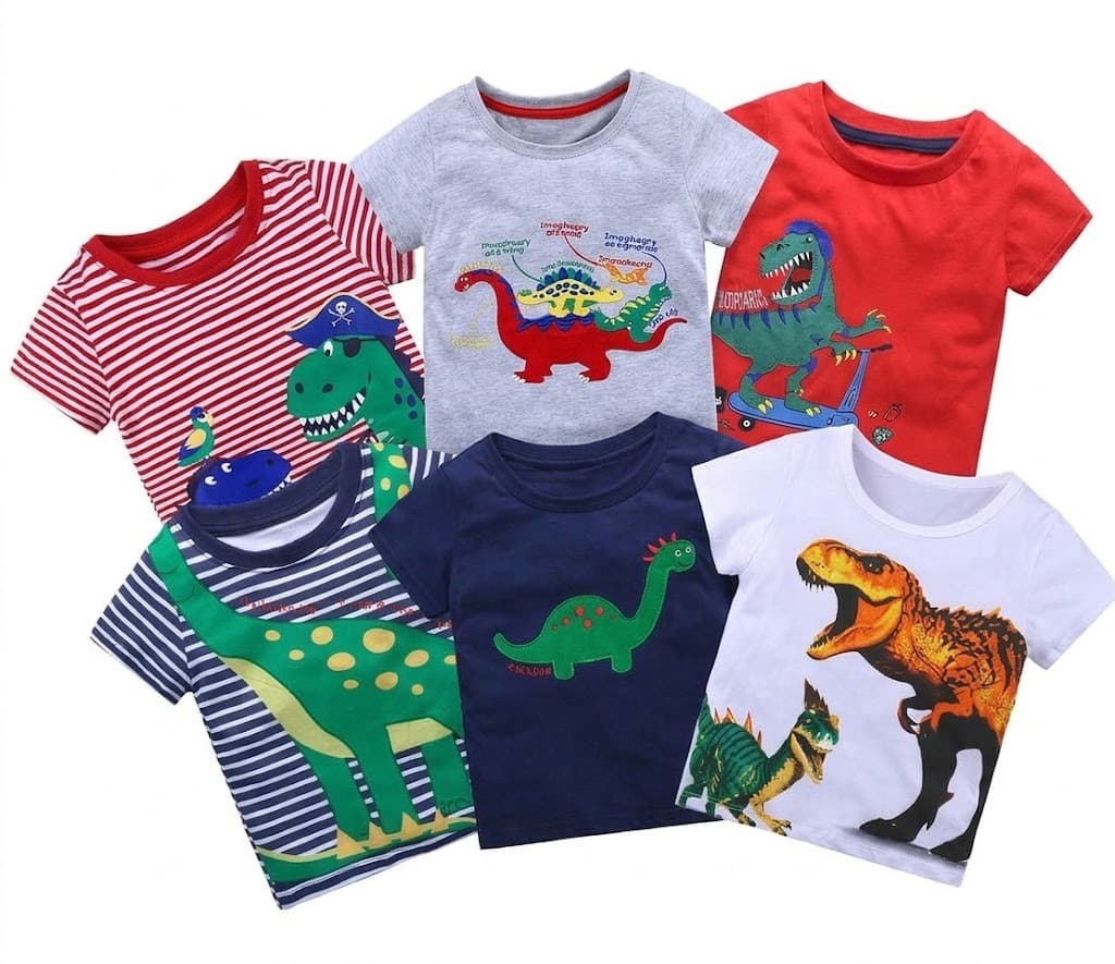 Six boys' dinosaur print t-shirts in red, grey, navy, white and stripes