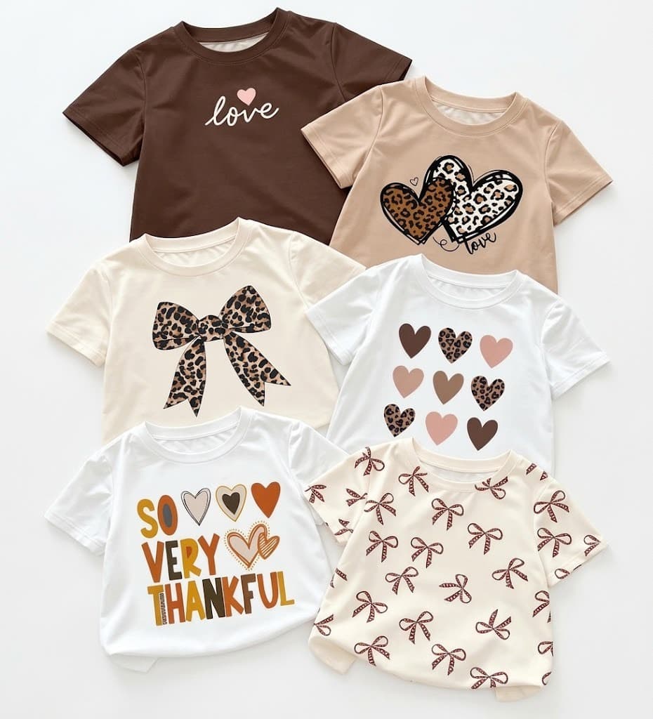 Six girls' printed t-shirts with hearts and bows in brown, beige and white tones