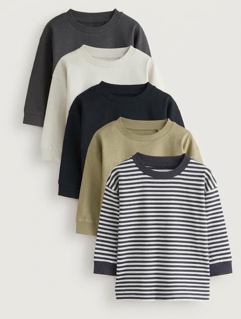Five kids' long sleeve tees in charcoal, cream, navy, olive and navy stripes