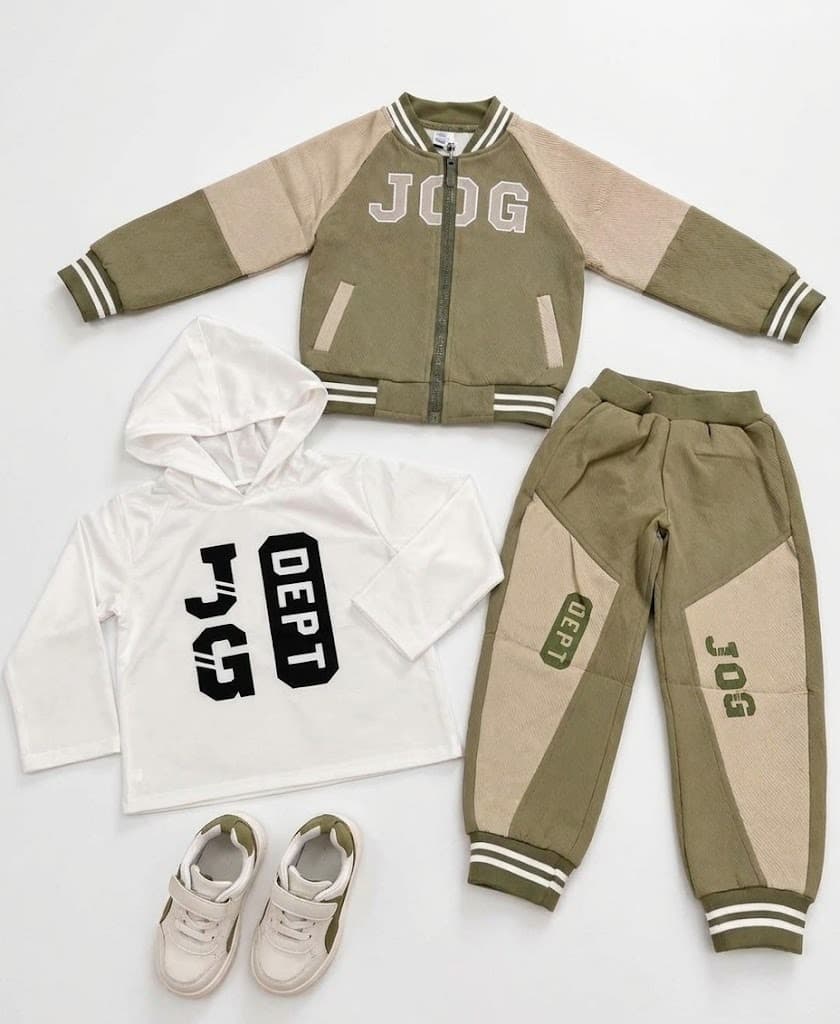 Kids' olive tracksuit set with jacket, hoodie, pants and sneakers