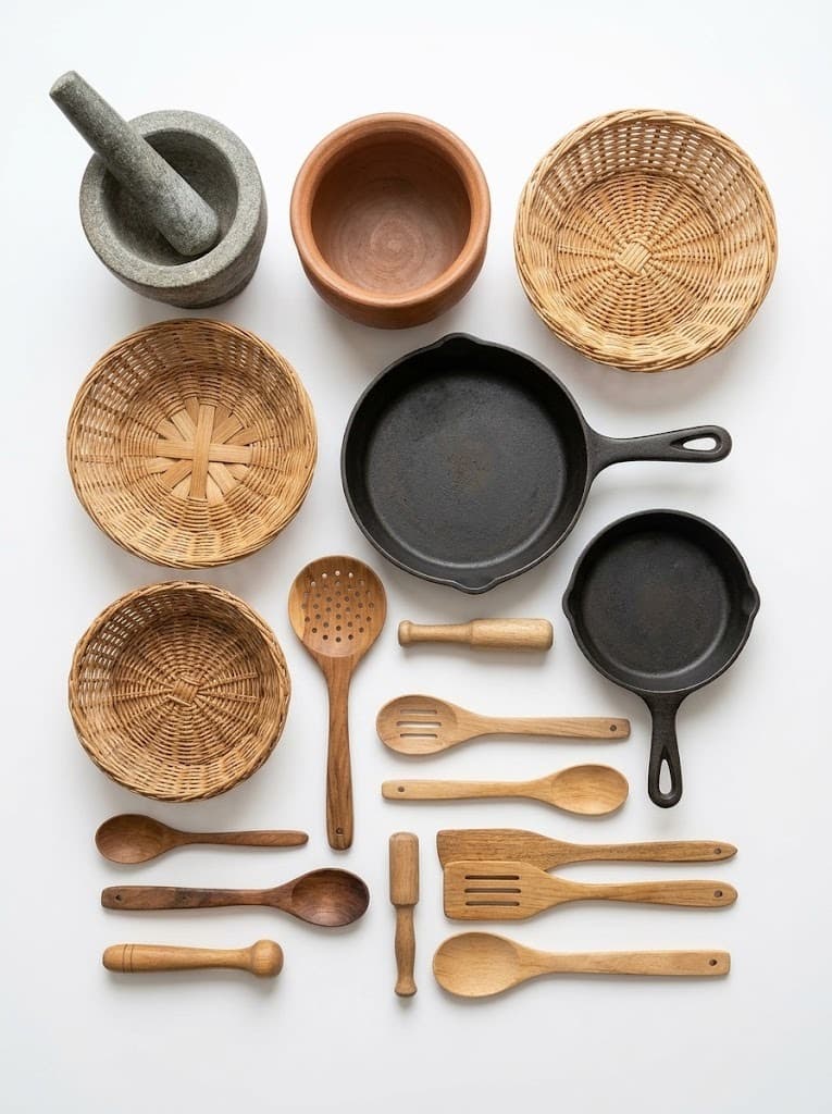 Cast iron skillets, wicker baskets, mortar and pestle with wooden spoons on white background