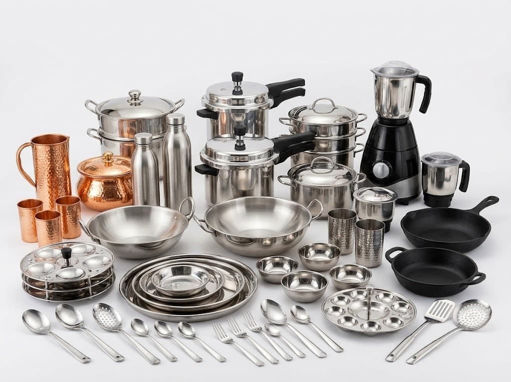 Stainless steel cookware set with pressure cookers, pots, copper tumblers and cutlery