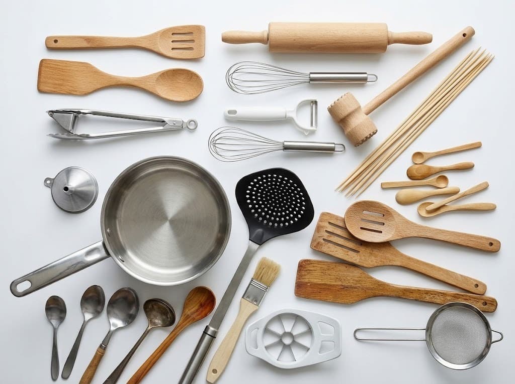 Kitchen utensils flat lay with wooden spoons, spatulas, rolling pin, whisk and steel pan