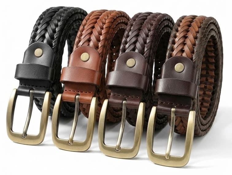 Four braided leather belts with brass buckles in black, tan and dark brown on white background