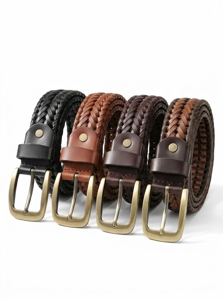 Four braided leather belts with brass buckles in black, tan and dark brown on white background