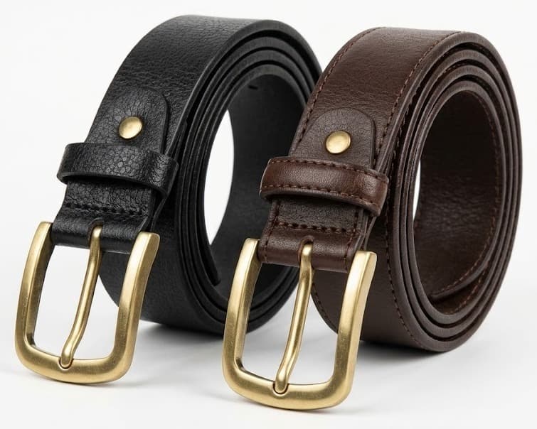 Two classic leather belts in black and dark brown with brass roller buckles