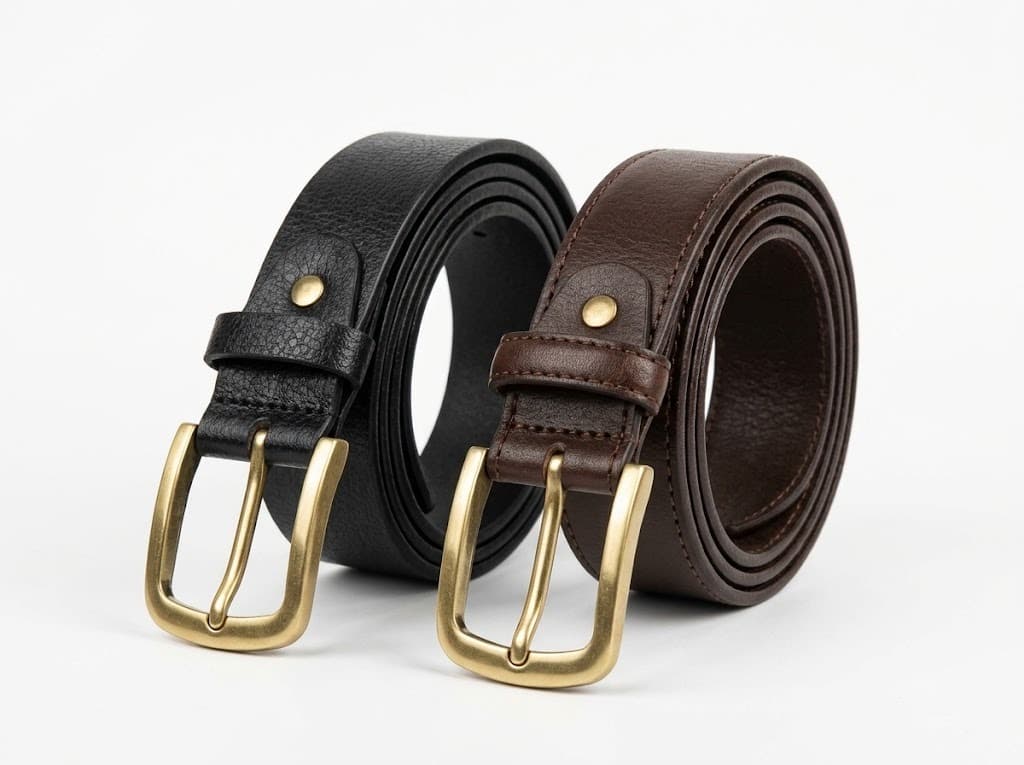 Two classic leather belts in black and dark brown with brass roller buckles
