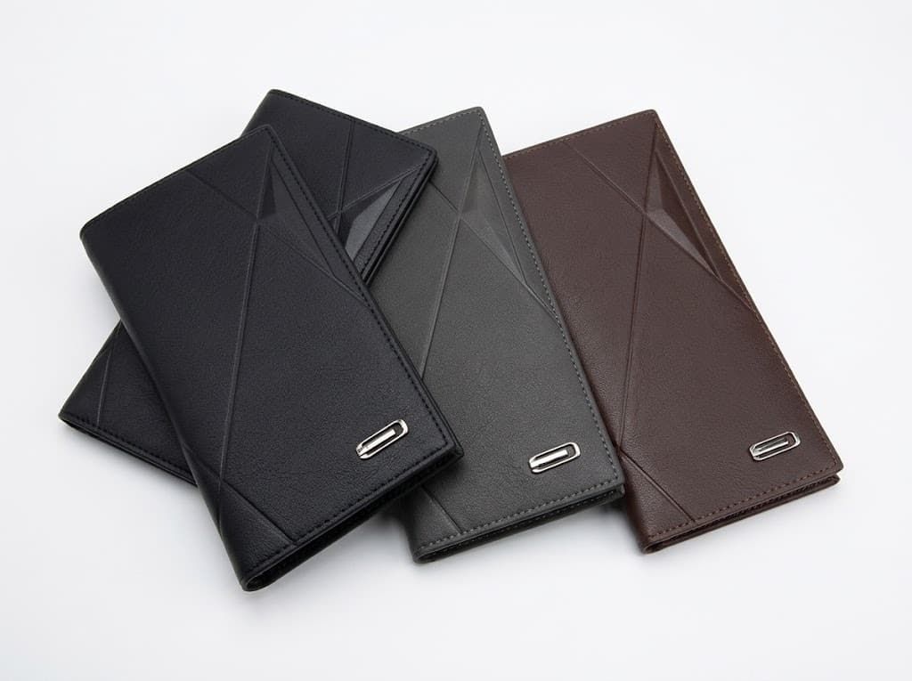 Three slim leather wallets with geometric embossed design in black, gray and brown
