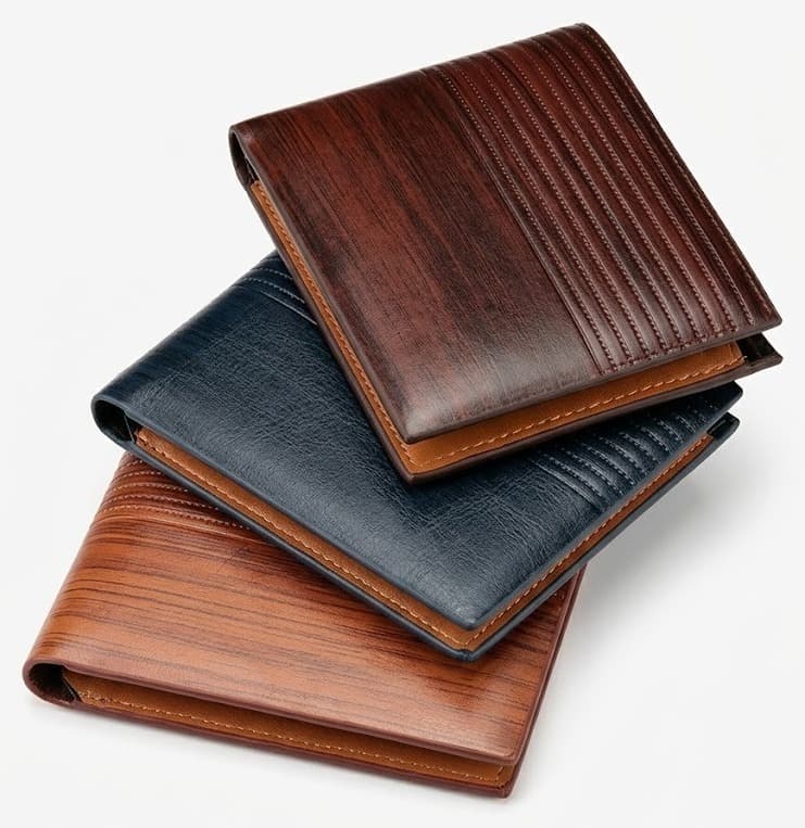 Three stitched bifold leather wallets stacked in brown, navy and tan on white background