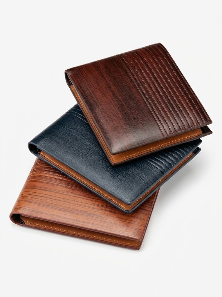 Three stitched bifold leather wallets stacked in brown, navy and tan on white background