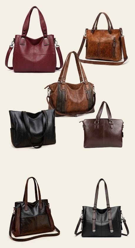 Women's leather tote and handbags in burgundy, brown and black on cream background