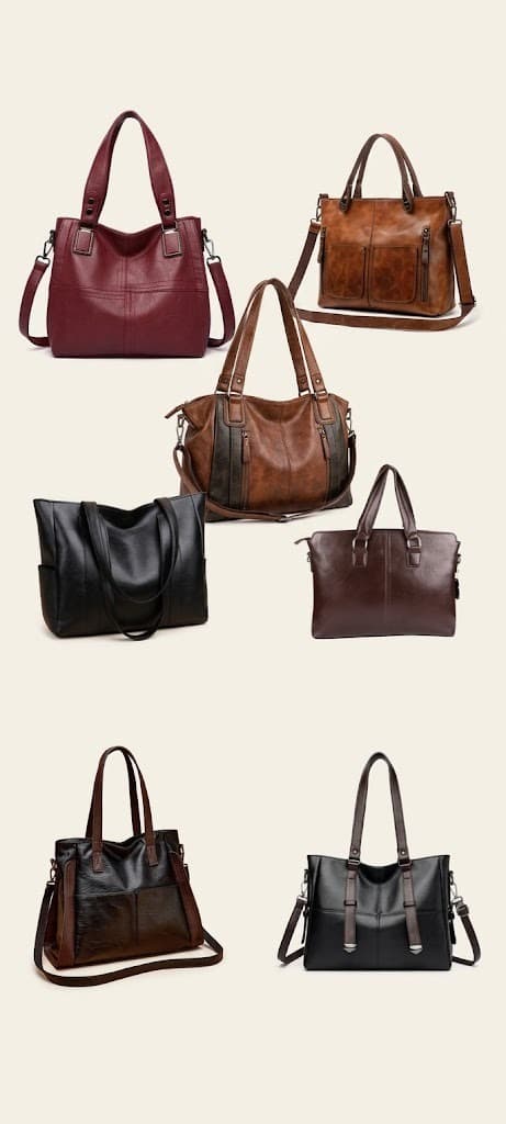 Women's leather tote and handbags in burgundy, brown and black on cream background