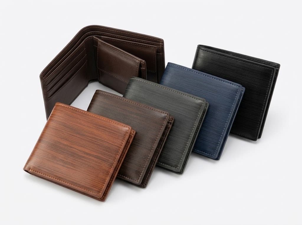 Men's bifold leather wallets with woodgrain texture in brown, gray, navy and black