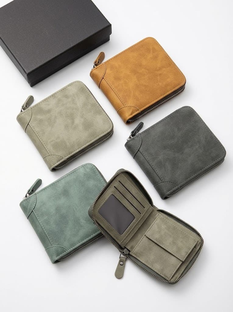 Zip-around leather wallets in tan, sage, gray and green with one open showing card slots