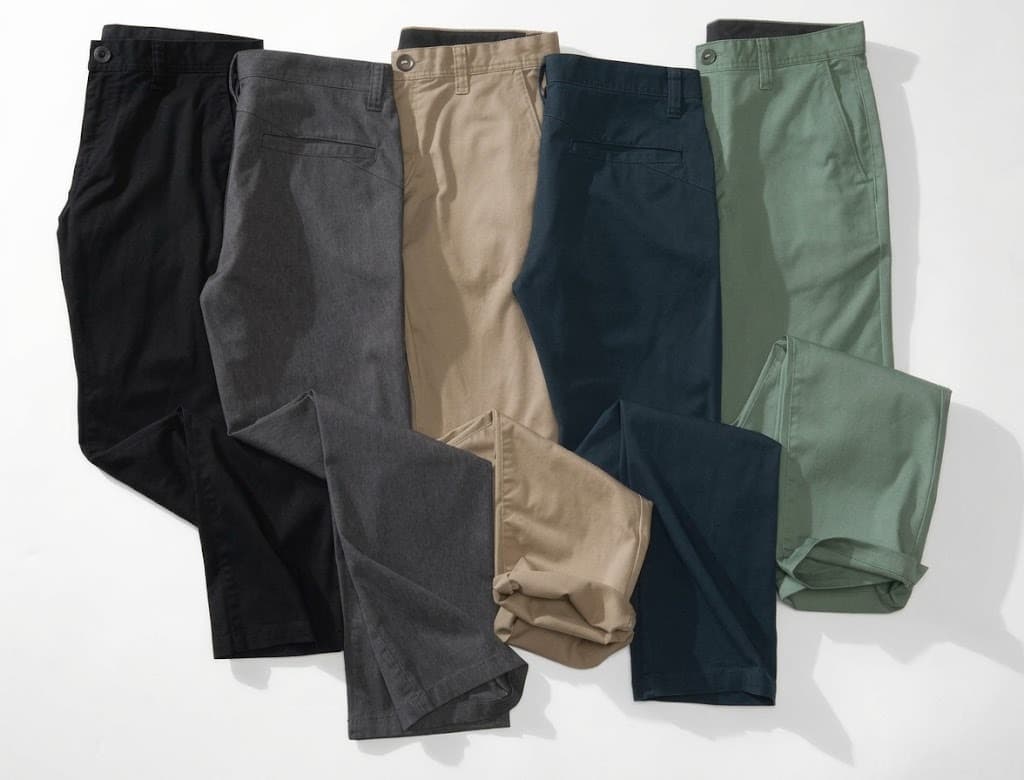 Five pairs of men's chino pants in black, grey, khaki, navy and olive