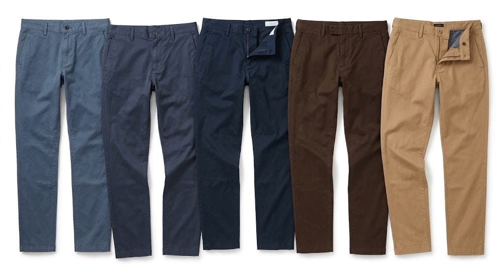 Row of men's chino pants in blue-grey, navy, brown and tan