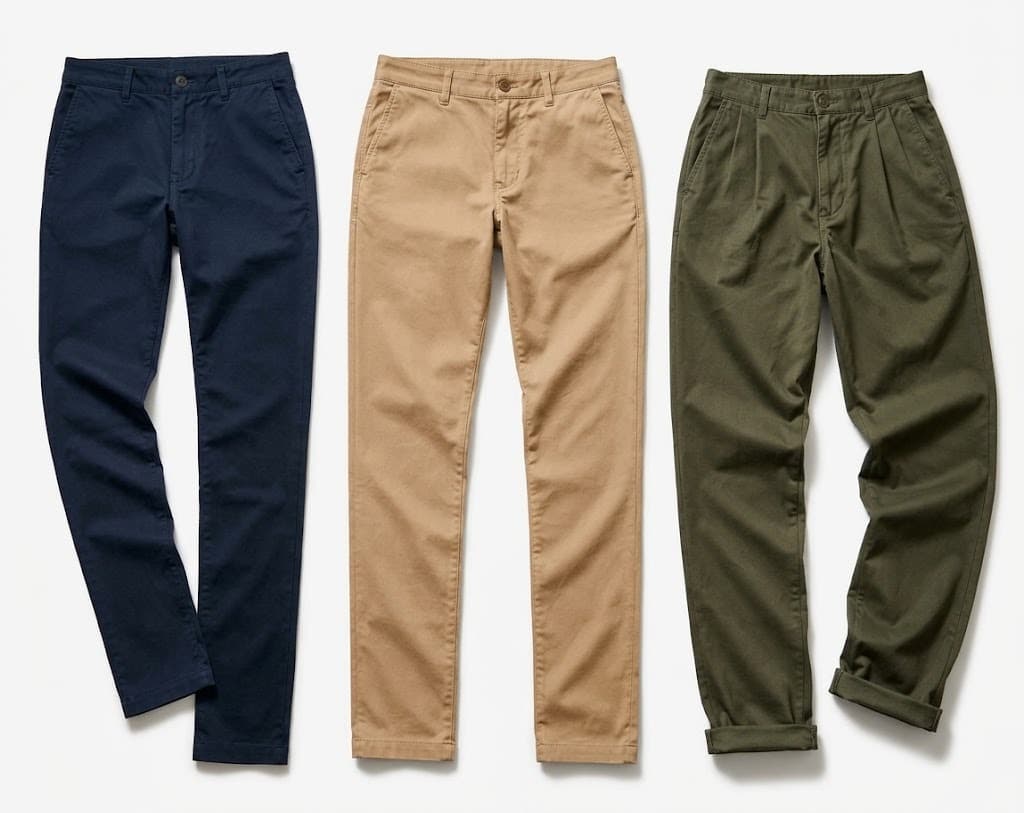 Three pairs of men's chinos in navy, tan and olive