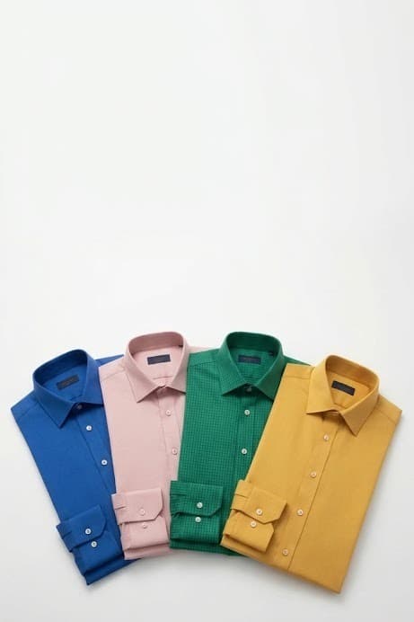 Four folded men's dress shirts in blue, pink, green and mustard