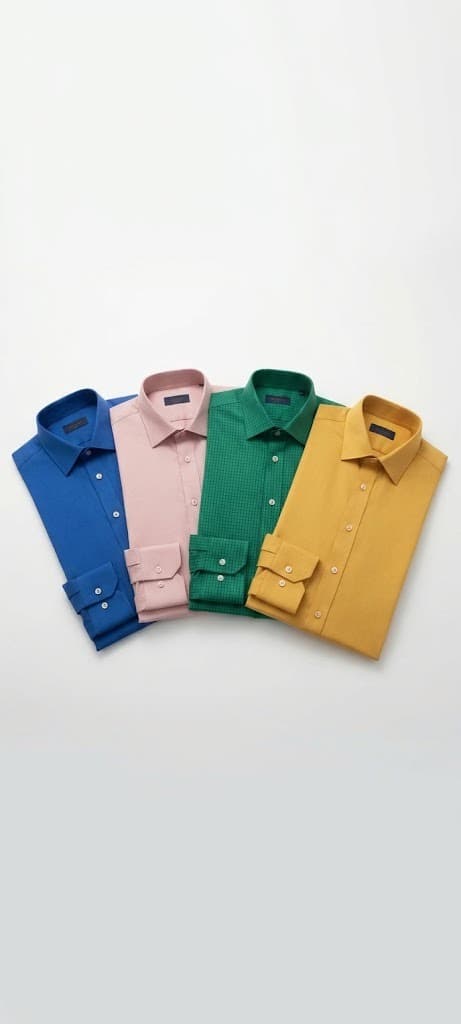 Four folded men's dress shirts in blue, pink, green and mustard