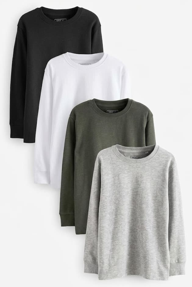 Four men's long sleeve t-shirts in black, white, olive and grey
