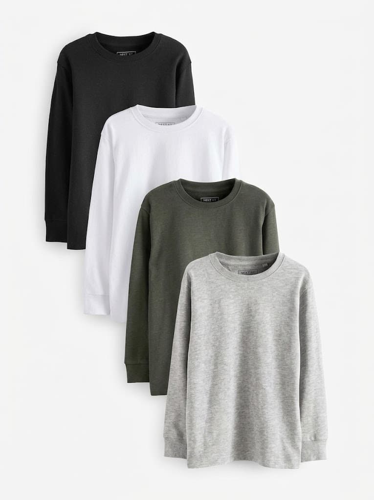 Four men's long sleeve t-shirts in black, white, olive and grey