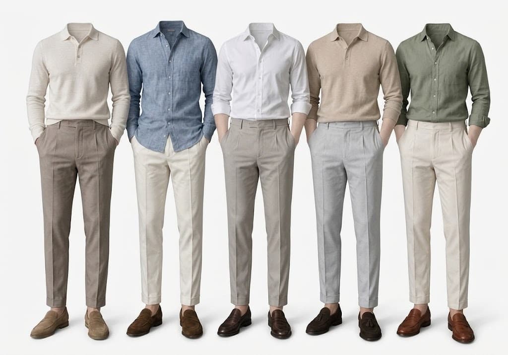 Five men's smart-casual outfits with shirts, polos, trousers and loafers in neutral tones