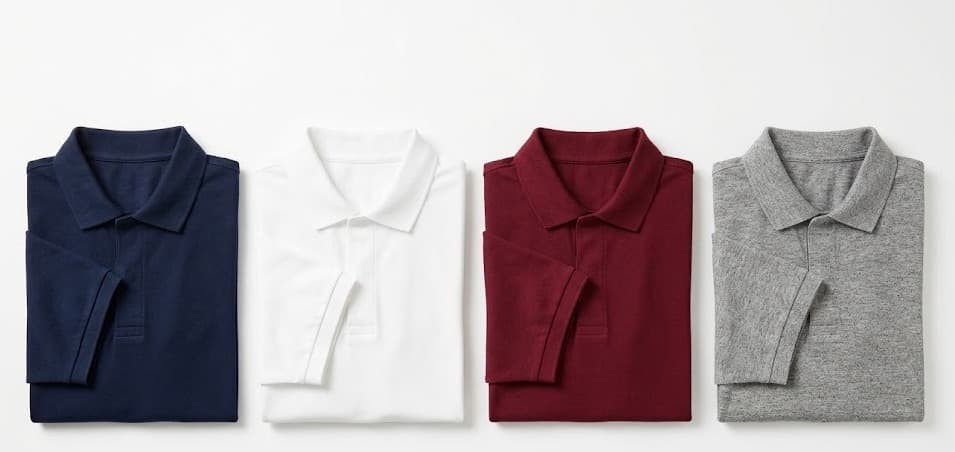 Four men's polo shirts folded in navy, white, burgundy and heather grey