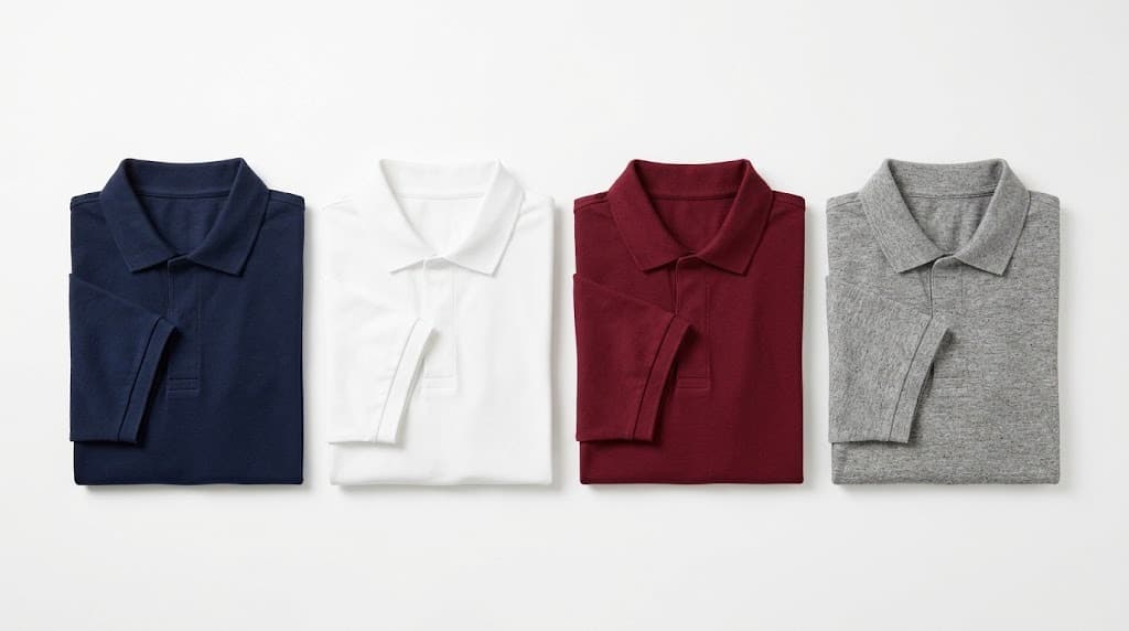 Four men's polo shirts folded in navy, white, burgundy and heather grey