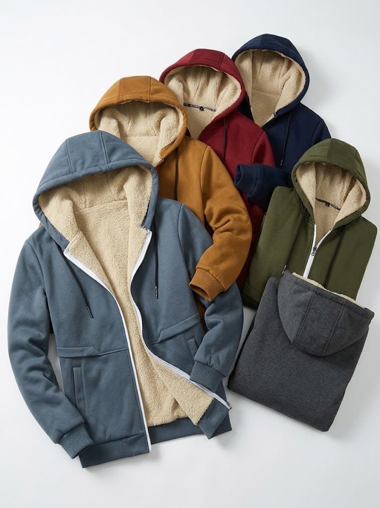 Sherpa-lined zip hoodies in blue, mustard, red, navy, olive and grey