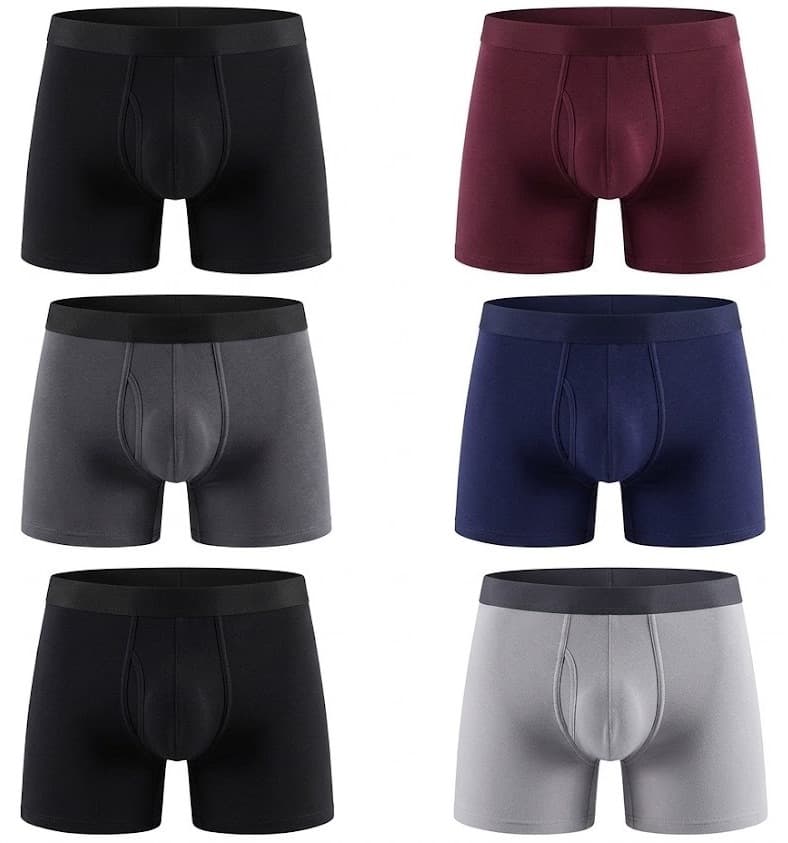 Six men's trunk briefs in black, burgundy, grey, navy and light grey arranged in a grid