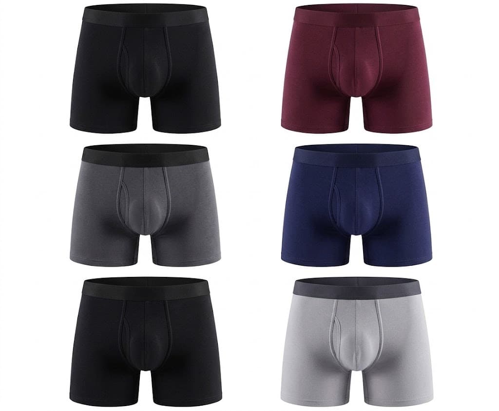 Six men's trunk briefs in black, burgundy, grey, navy and light grey arranged in a grid