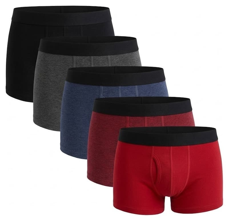 Five men's trunk underwear in black, grey, navy, dark red and red with black waistbands