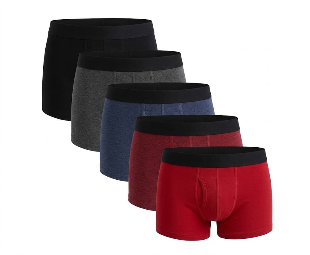 Five men's trunk underwear in black, grey, navy, dark red and red with black waistbands