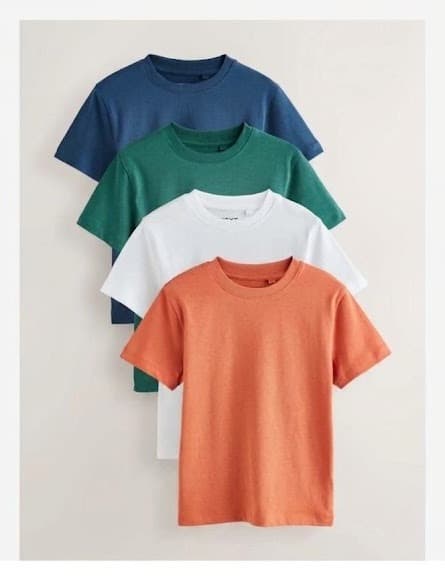 Four men's t-shirts in navy, green, white and orange
